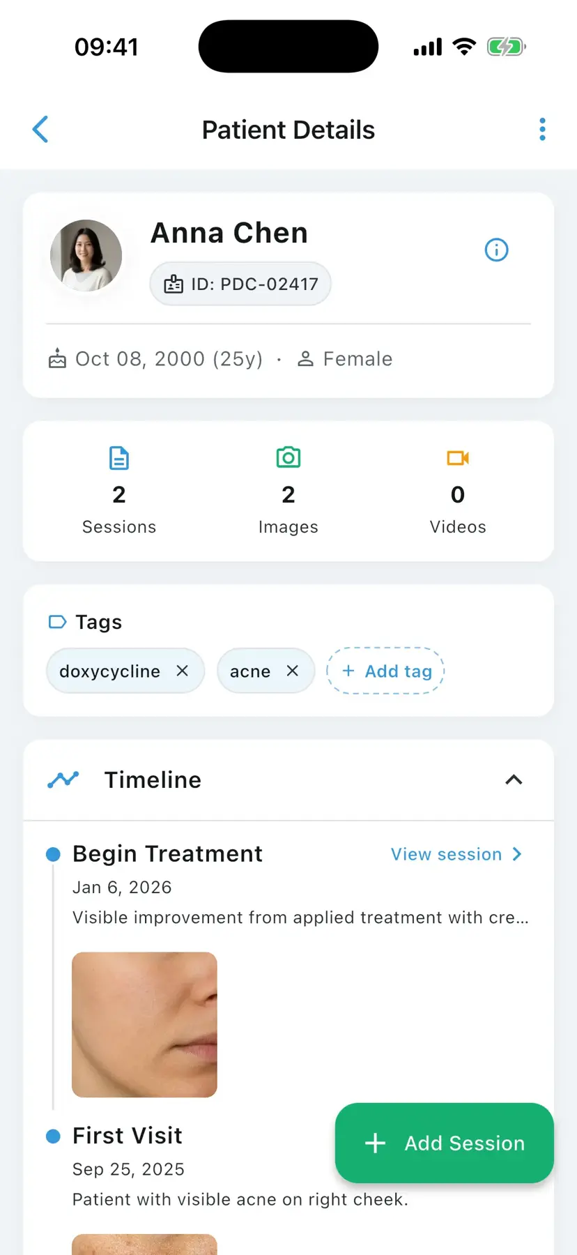 PixioDoc patient timeline showing clinical photos organized by session and visit date