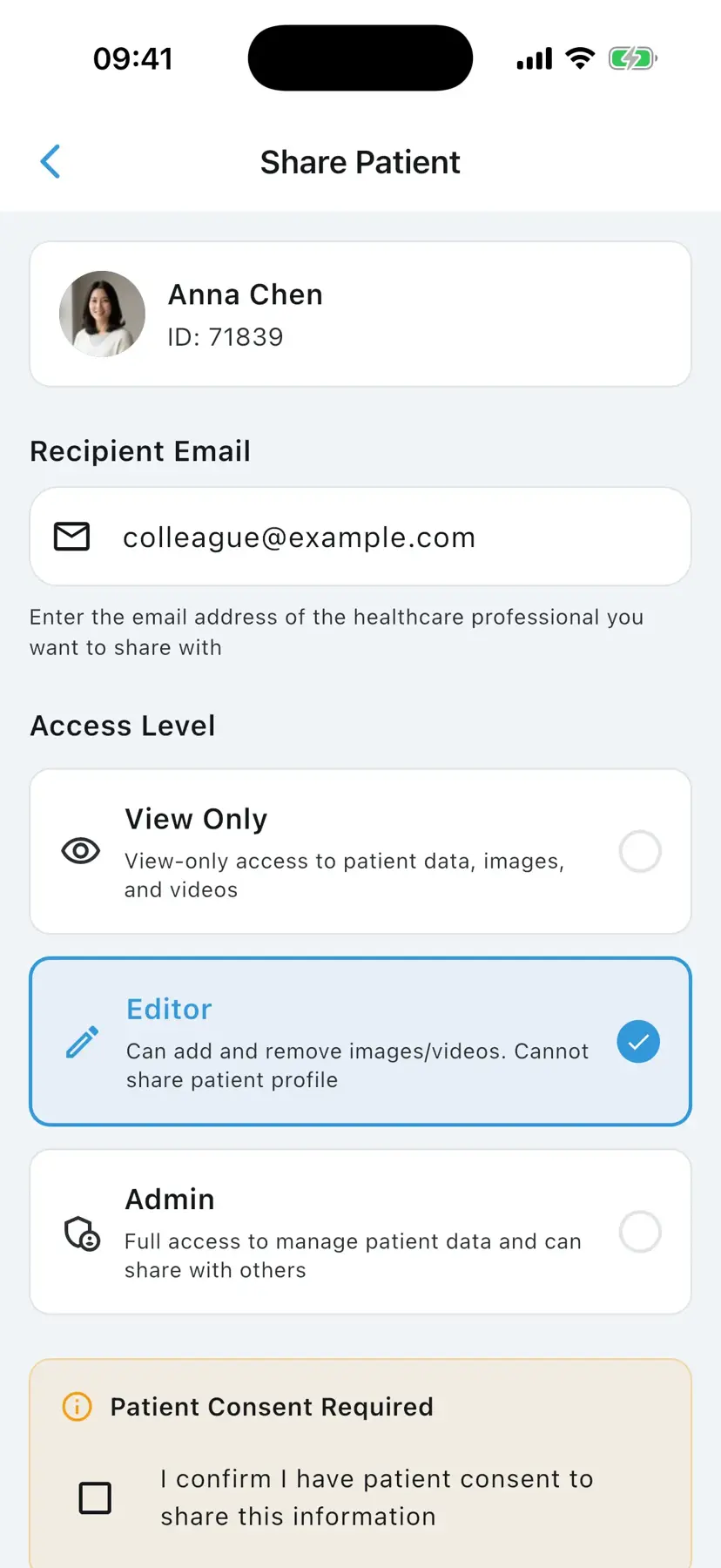 PixioDoc secure patient sharing with role-based colleague access