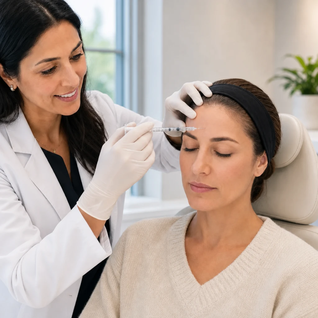 The clinician administering a forehead injection to the same patient
