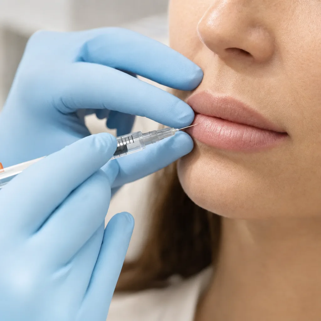 Close-up of gloved hands during a lip aesthetic treatment documentation moment
