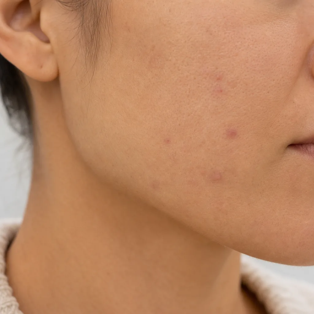 Close-up of cheek skin texture for dermatology progress documentation