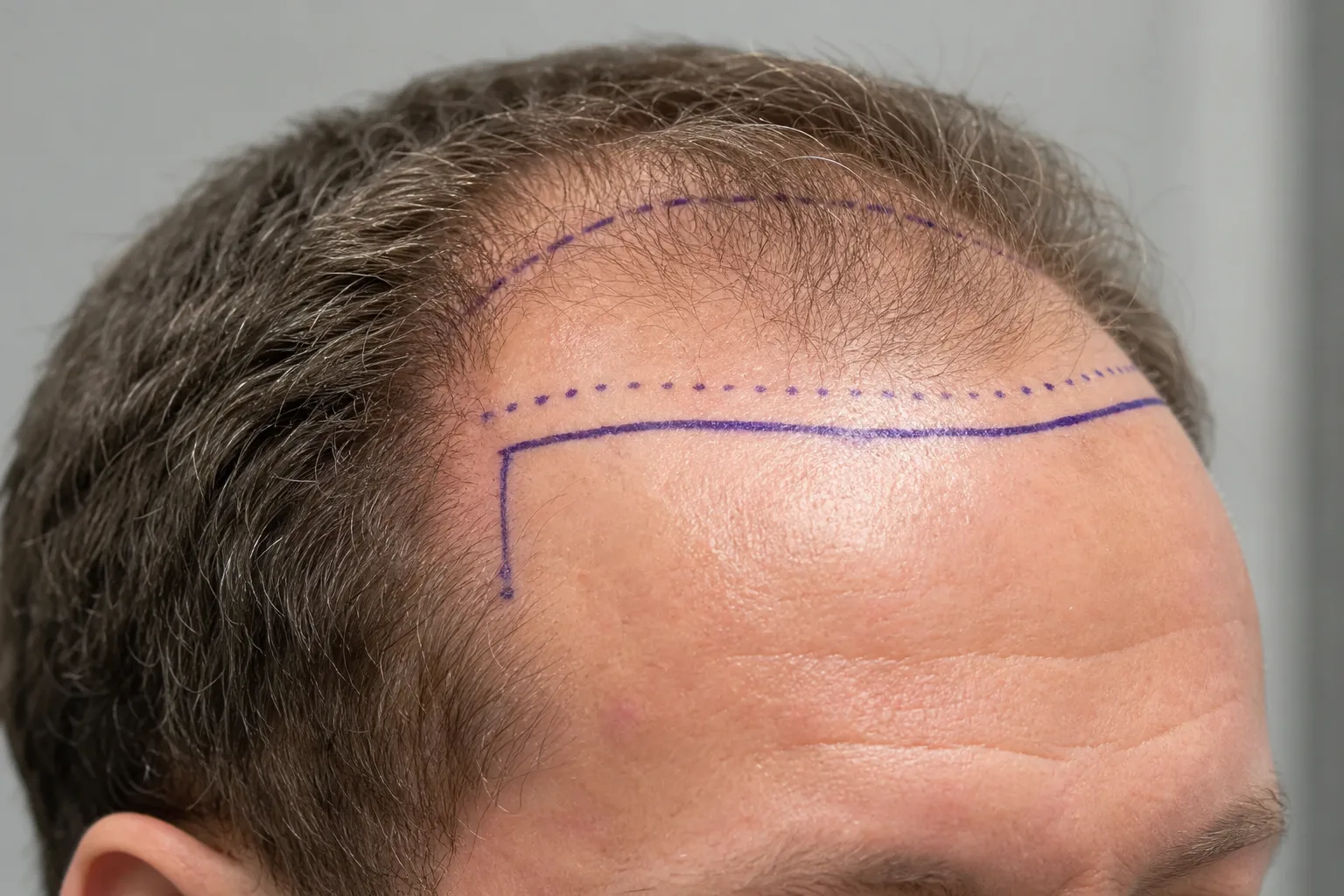Clinical photo of a patient’s hairline with surgical planning marks for hair-transplant implant placement