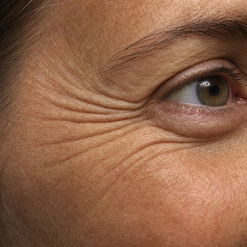Clinical close-up of crow’s feet wrinkles at the outer eye for plastic-surgery progress documentation