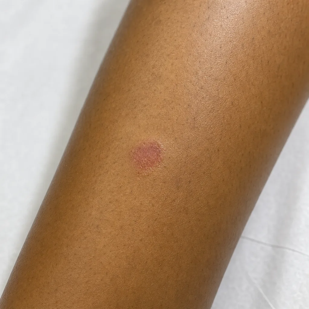 Clinical photo of a mild healing skin lesion on a limb for wound-care progress documentation
